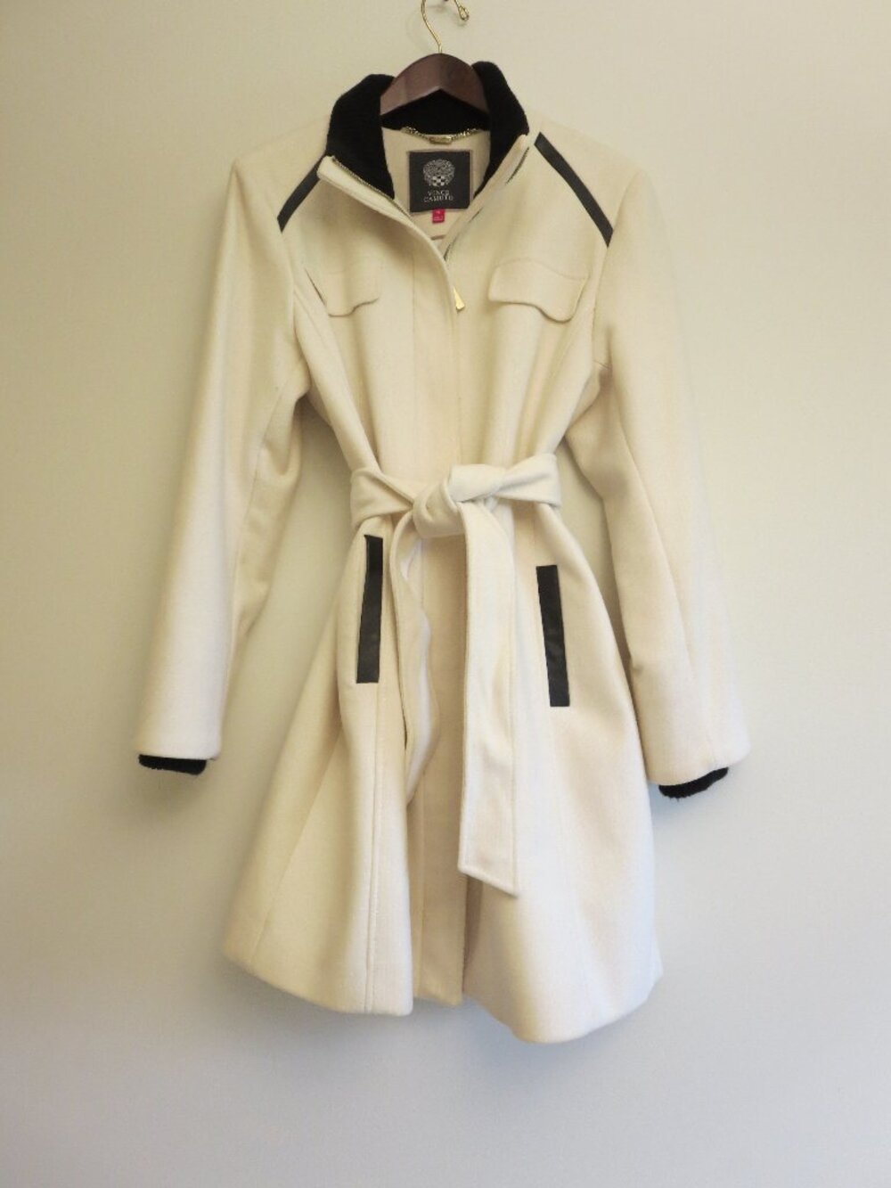 Vince Camuto Women's Ivory Funnel Neck Belted Zip Wool Coat Size XL